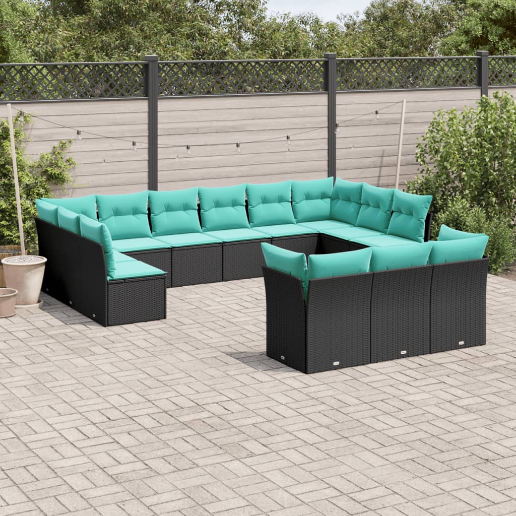 13-teiliges Gartensofa-Set mit Kissen, schwarzes Polyrattan