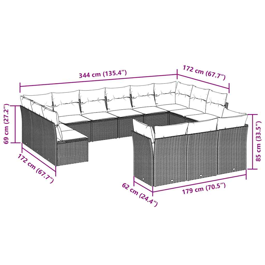 13-tlg. Garten-Sofagarnitur mit Kissen Braun Poly Rattan