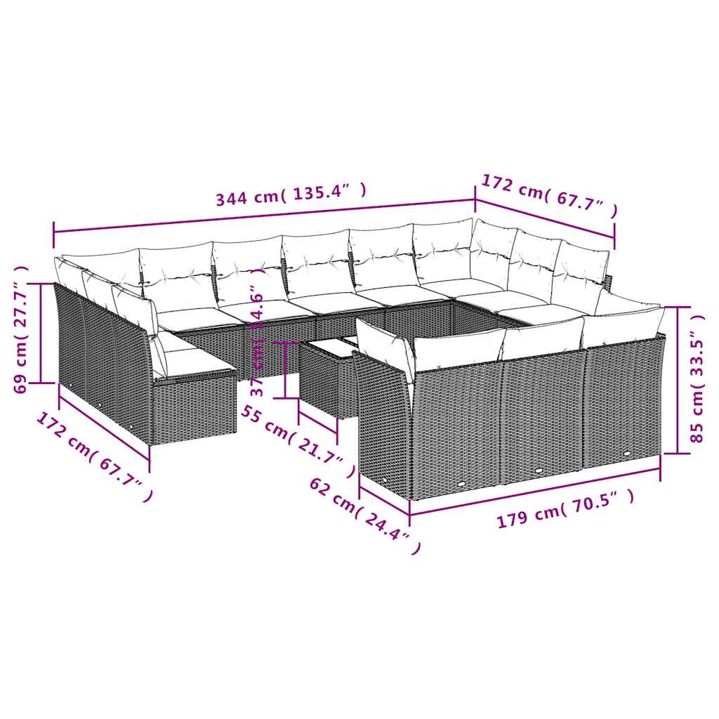 14-tlg. Garten-Sofagarnitur mit Kissen Schwarz Poly Rattan