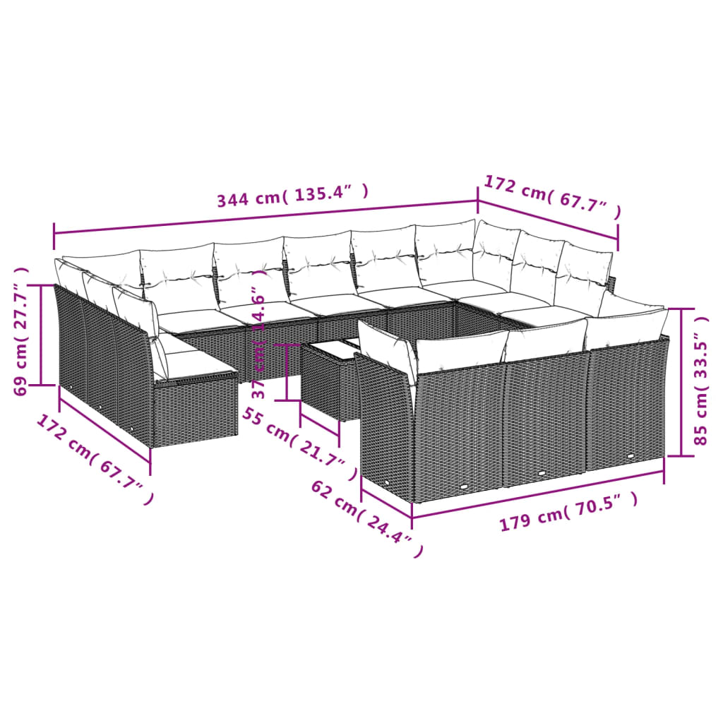 14-teiliges Gartensofa-Set mit Kissen, schwarzes Polyrattan