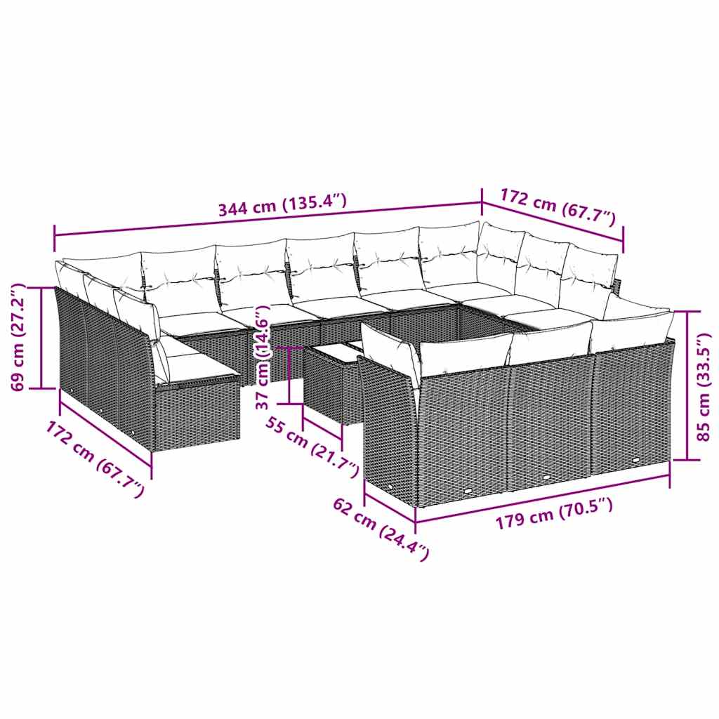 14-tlg. Garten-Sofagarnitur mit Kissen Hellgrau Poly Rattan