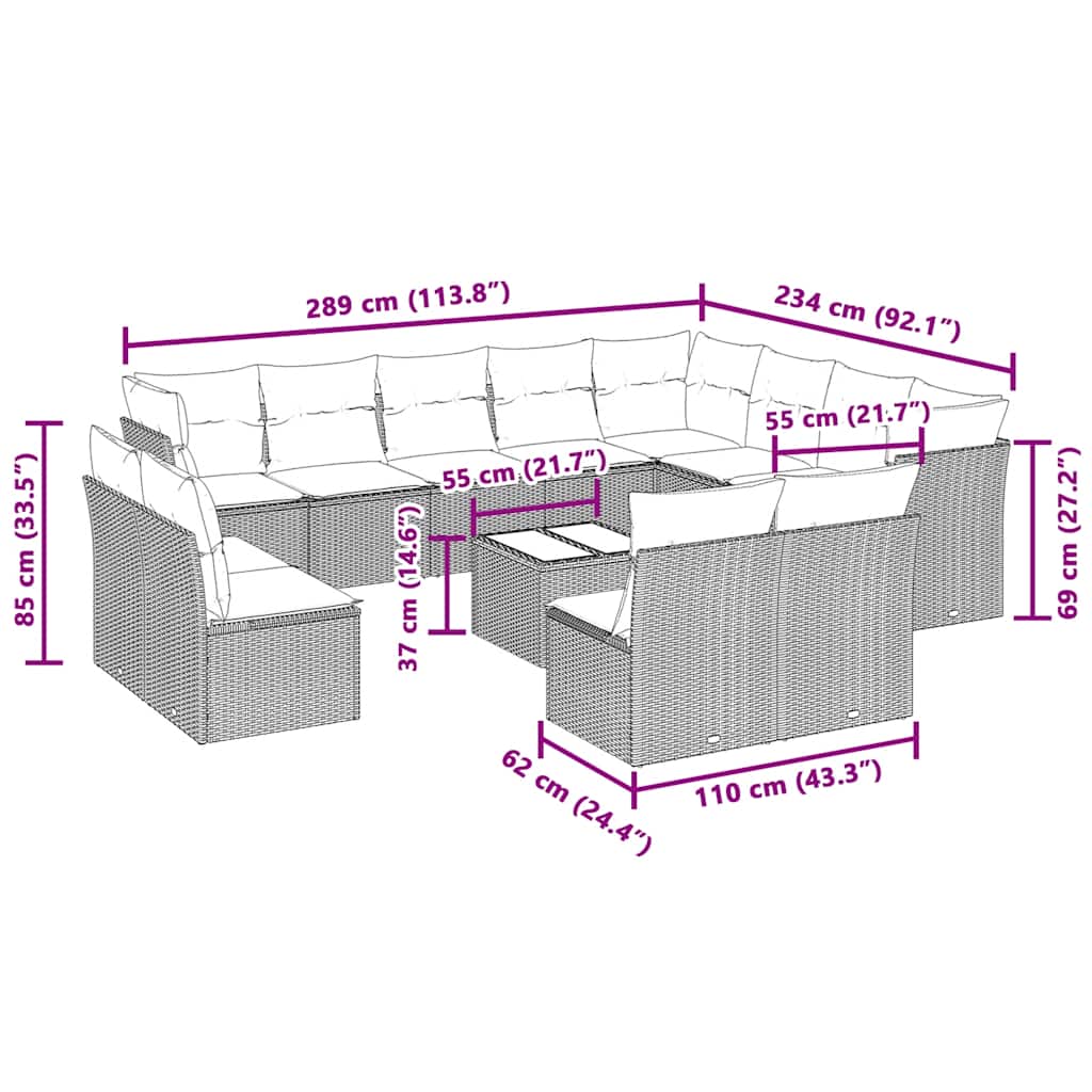 13-tlg. Garten-Sofagarnitur mit Kissen Hellgrau Poly Rattan