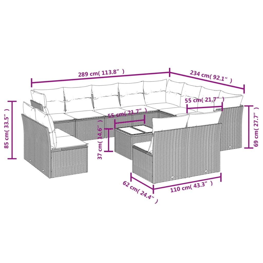 13-tlg. Garten-Sofagarnitur mit Kissen Braun Poly Rattan