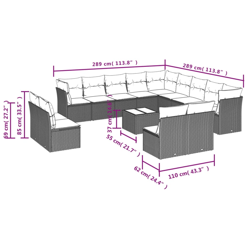 14-tlg. Garten-Sofagarnitur mit Kissen Braun Poly Rattan