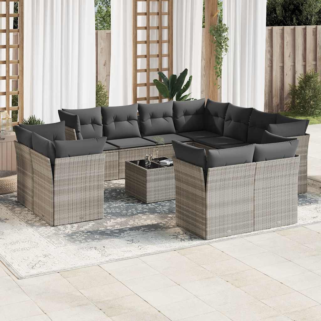12-tlg. Garten-Sofagarnitur mit Kissen Hellgrau Poly Rattan