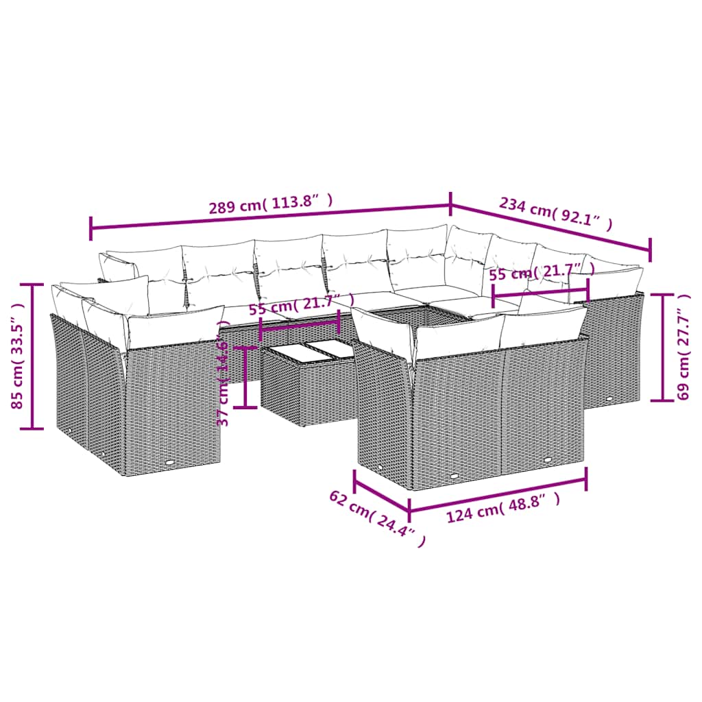 13-tlg. Garten-Sofagarnitur mit Kissen Schwarz Poly Rattan