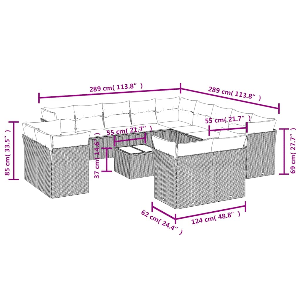 14-tlg. Garten-Sofagarnitur mit Kissen Schwarz Poly Rattan