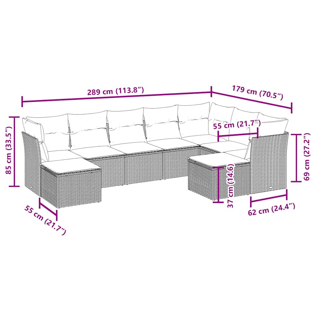 9-tlg. Garten-Sofagarnitur mit Kissen Braun Poly Rattan