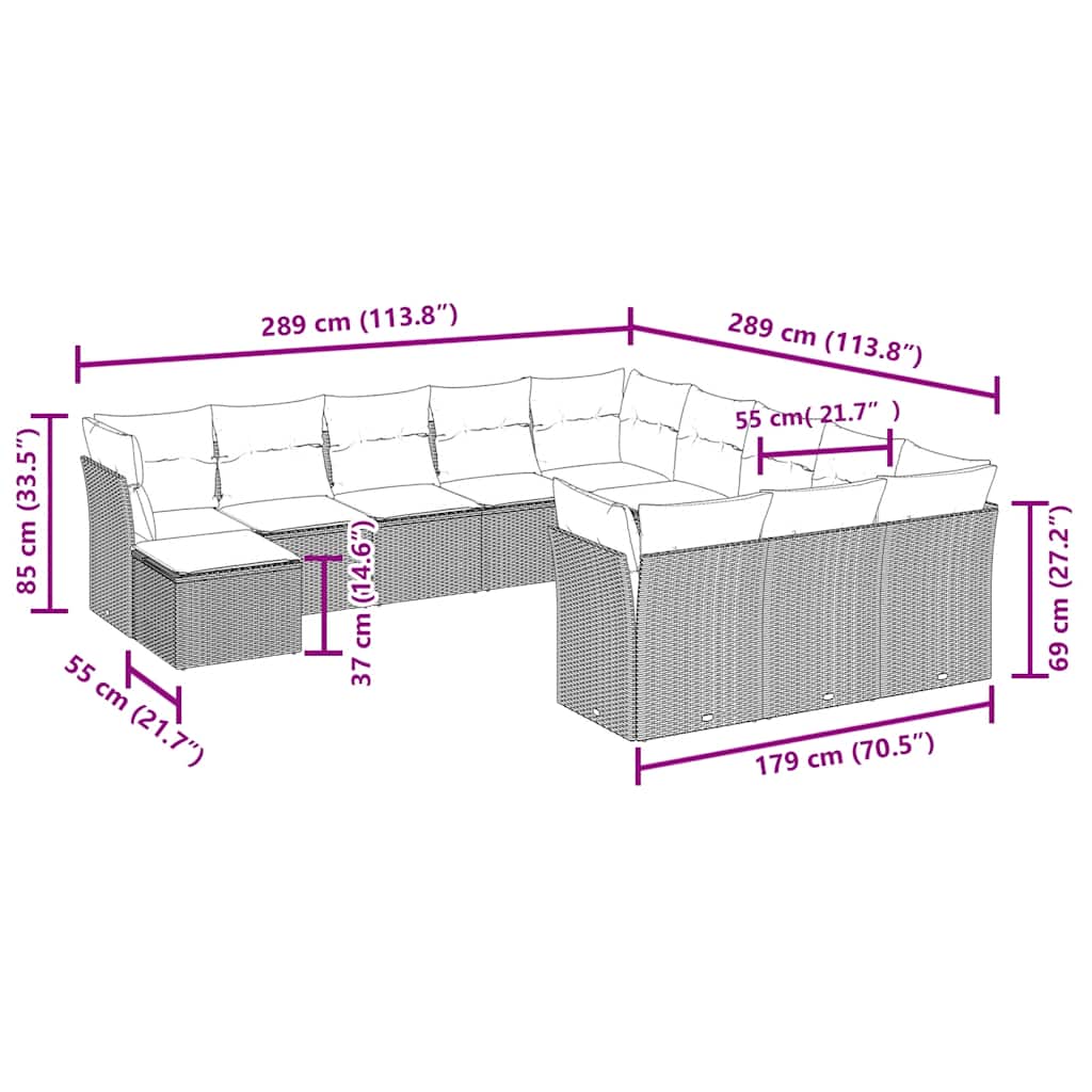 12-tlg. Garten-Sofagarnitur mit Kissen Braun Poly Rattan