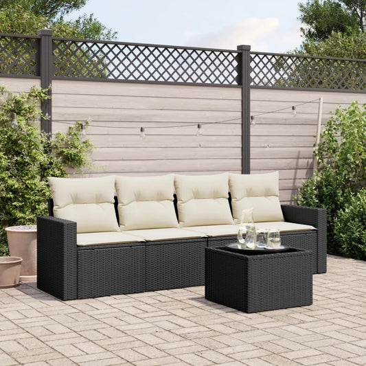 5-piece garden sofa set with cushions, black poly rattan