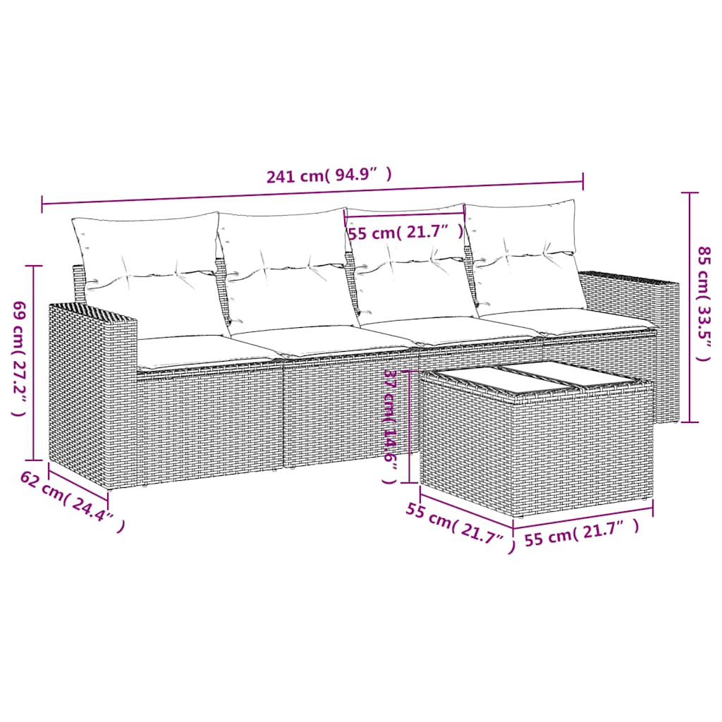 5-tlg. Garten-Sofagarnitur mit Kissen Hellgrau Poly Rattan