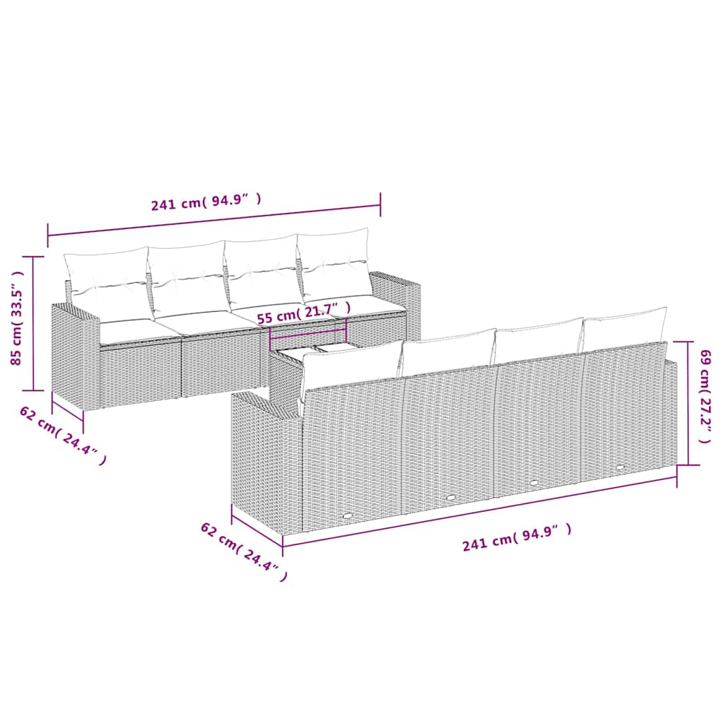 9-tlg. Garten-Sofagarnitur mit Kissen Schwarz Poly Rattan