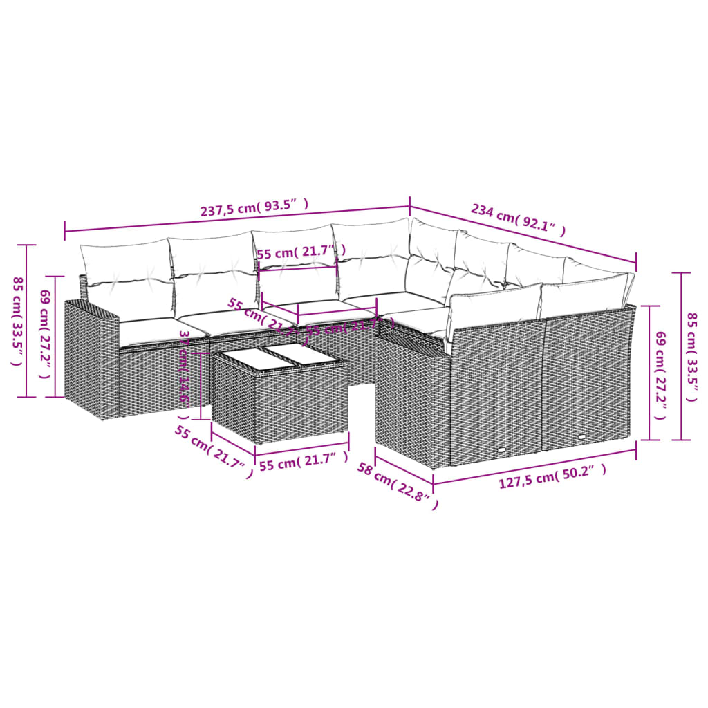 9-tlg. Garten-Sofagarnitur mit Kissen Braun Poly Rattan