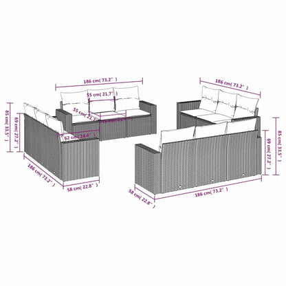 12-tlg. Garten-Sofagarnitur mit Kissen Schwarz Poly Rattan