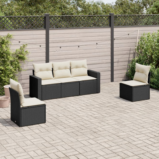 5-piece garden sofa set with cushions, black poly rattan