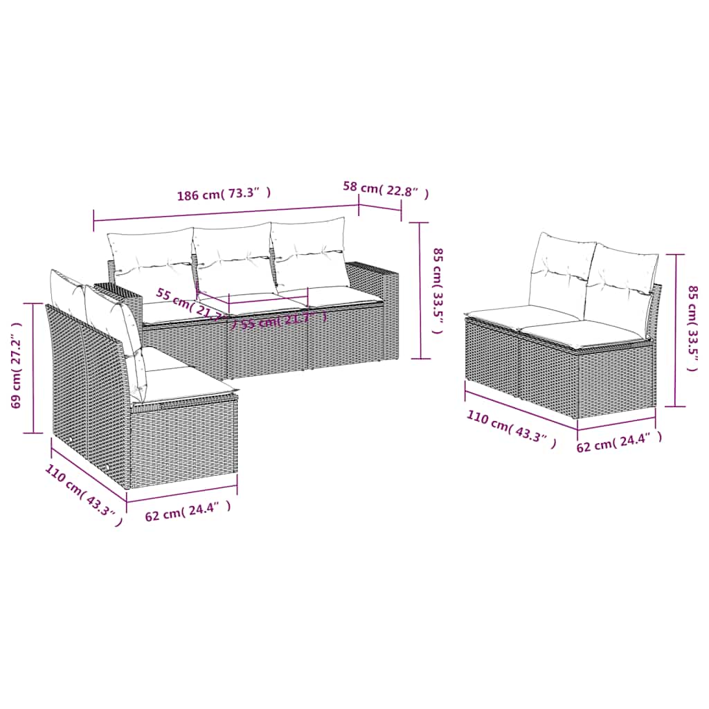 7-tlg. Garten-Sofagarnitur mit Kissen Schwarz Poly Rattan