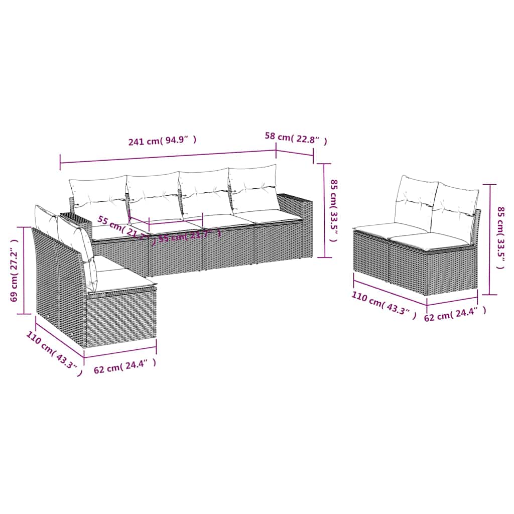 8-tlg. Garten-Sofagarnitur mit Kissen Schwarz Poly Rattan