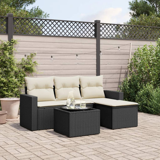 5-piece garden sofa set with cushions, black poly rattan
