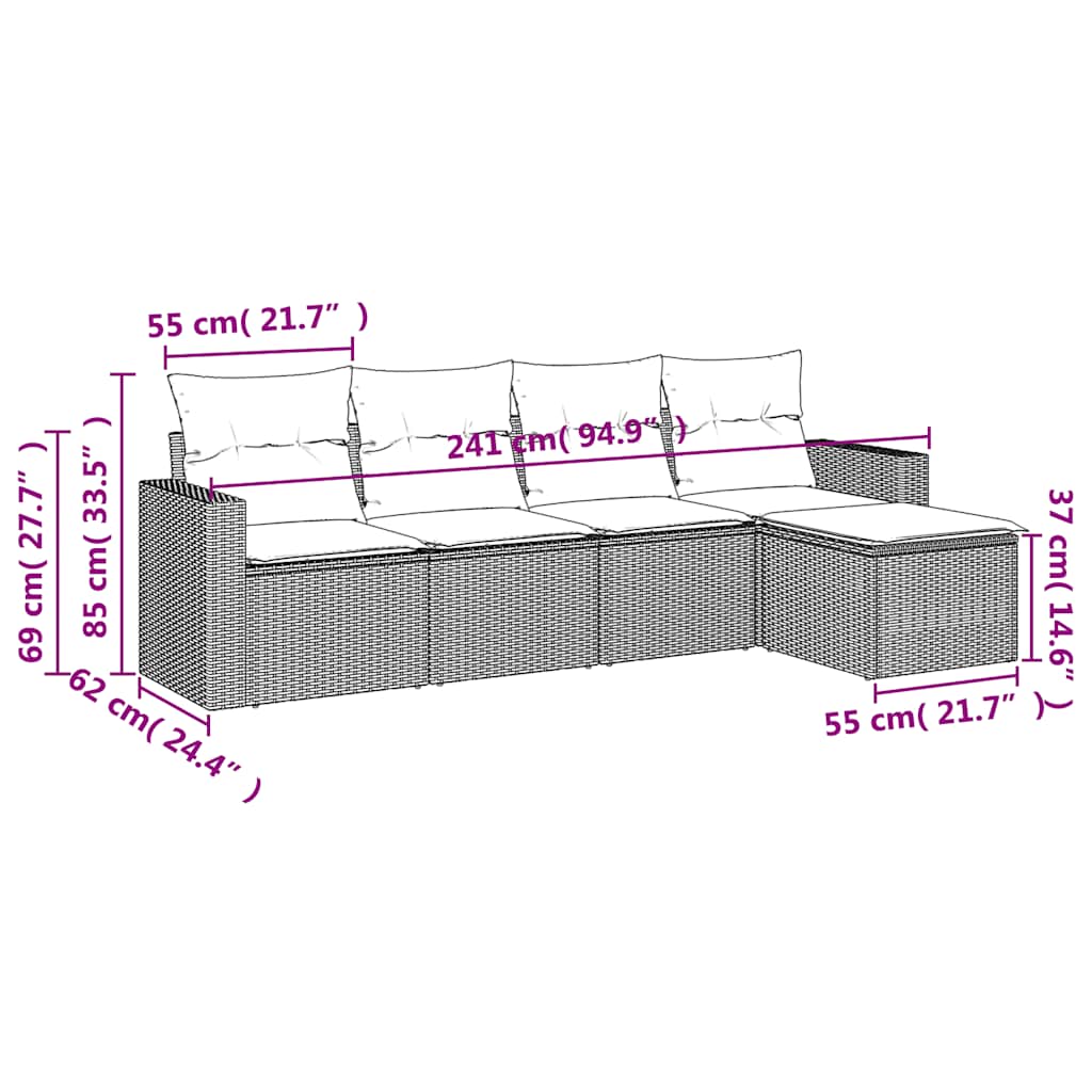 5-tlg. Garten-Sofagarnitur mit Kissen Schwarz Poly Rattan