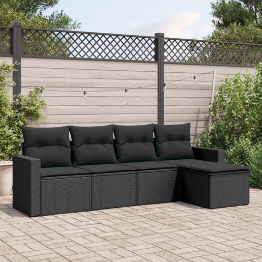 5-piece garden sofa set with cushions, black poly rattan
