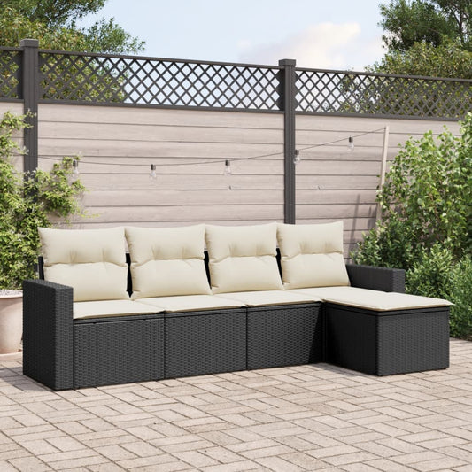 5-piece garden sofa set with cushions, black poly rattan