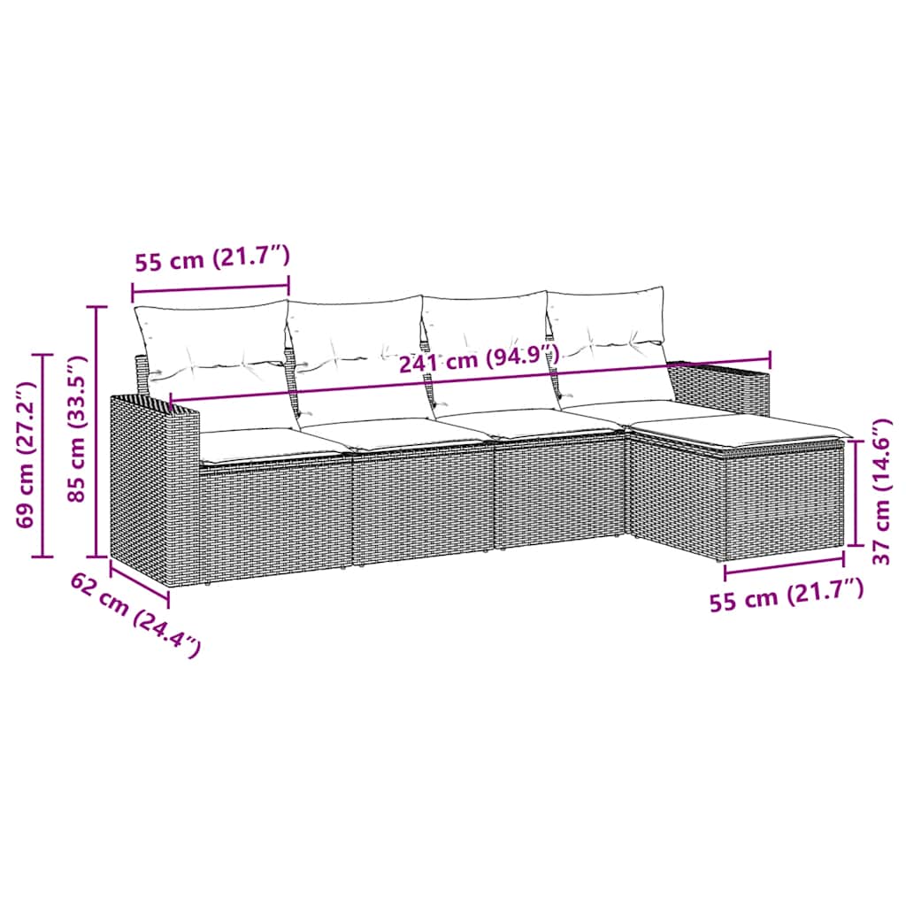 5-tlg. Garten-Sofagarnitur mit Kissen Braun Poly Rattan
