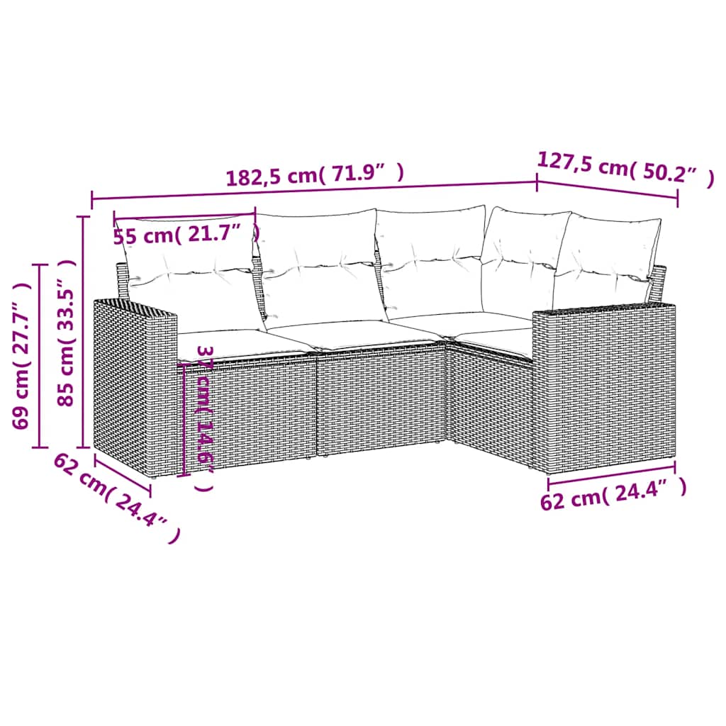4-tlg. Garten-Sofagarnitur mit Kissen Schwarz Poly Rattan