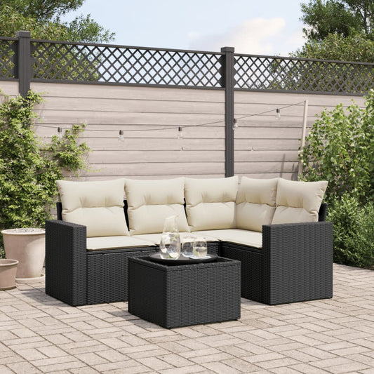 5-piece garden sofa set with cushions, black poly rattan