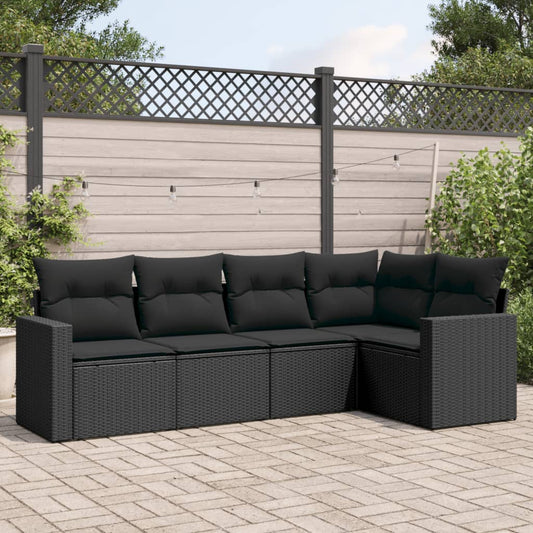 5-piece garden sofa set with cushions, black poly rattan