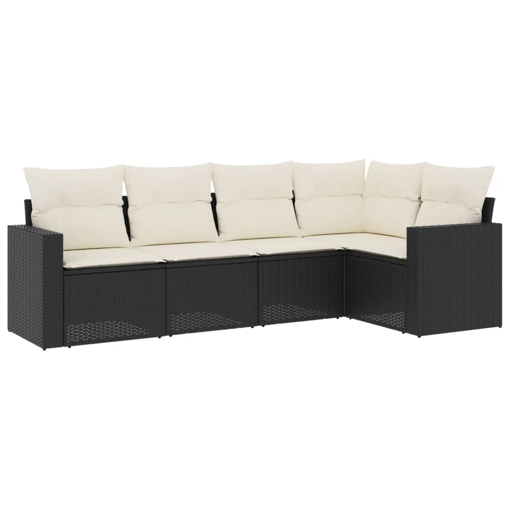 5-piece garden sofa set with cushions, black poly rattan