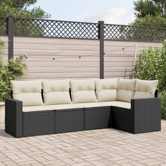 5-piece garden sofa set with cushions, black poly rattan