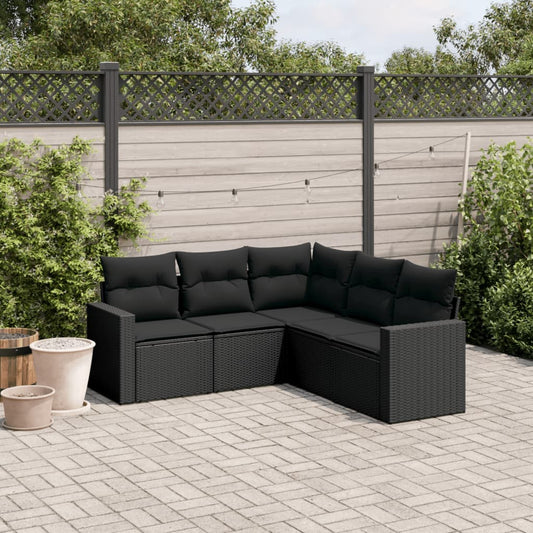 5-piece garden sofa set with cushions, black poly rattan