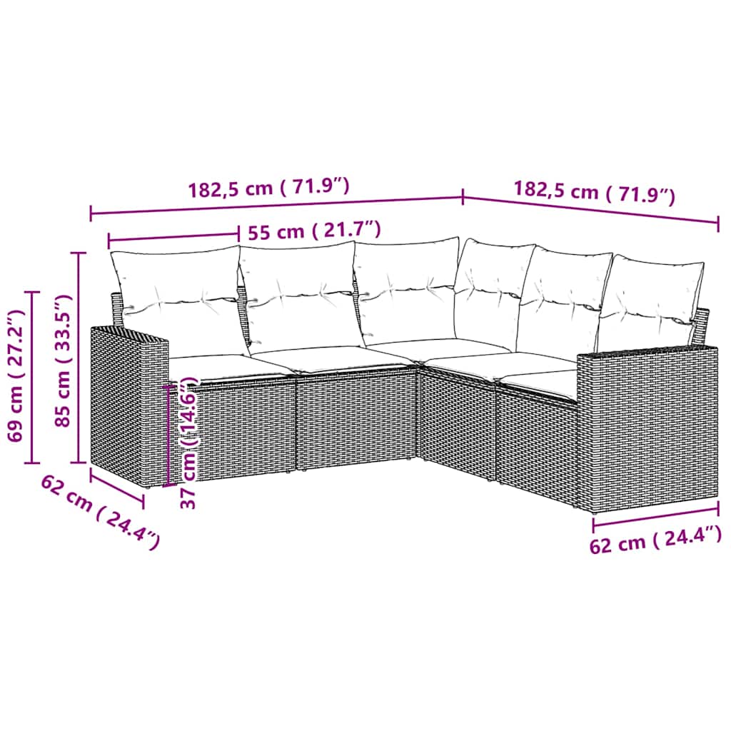 5-tlg. Garten-Sofagarnitur mit Kissen Hellgrau Poly Rattan