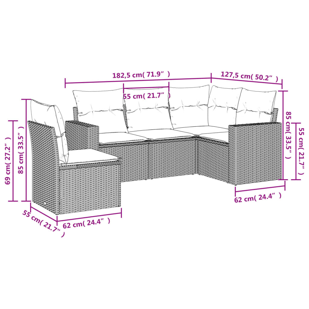 5-piece garden sofa set with cushions, black poly rattan