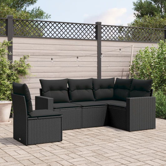 5-piece garden sofa set with cushions, black poly rattan