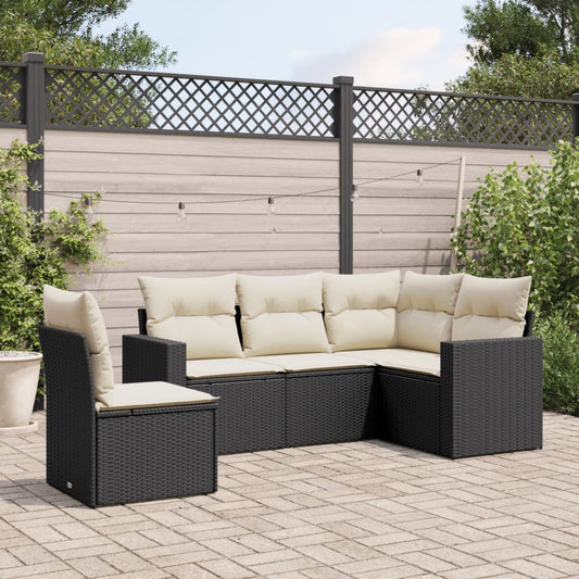 5-piece garden sofa set with cushions, black poly rattan