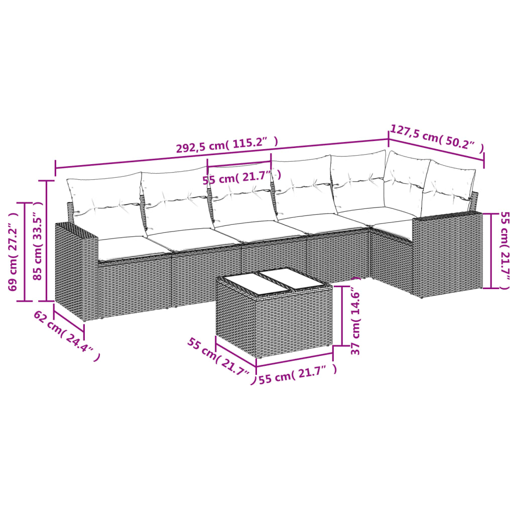 7-tlg. Garten-Sofagarnitur mit Kissen Braun Poly Rattan