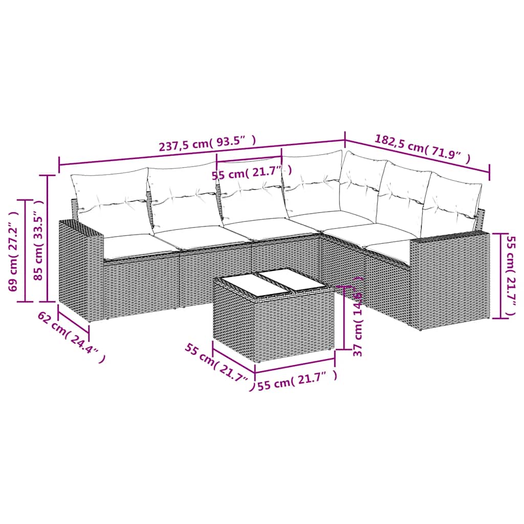 7-tlg. Garten-Sofagarnitur mit Kissen Schwarz Poly Rattan
