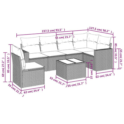 7-tlg. Garten-Sofagarnitur mit Kissen Schwarz Poly Rattan