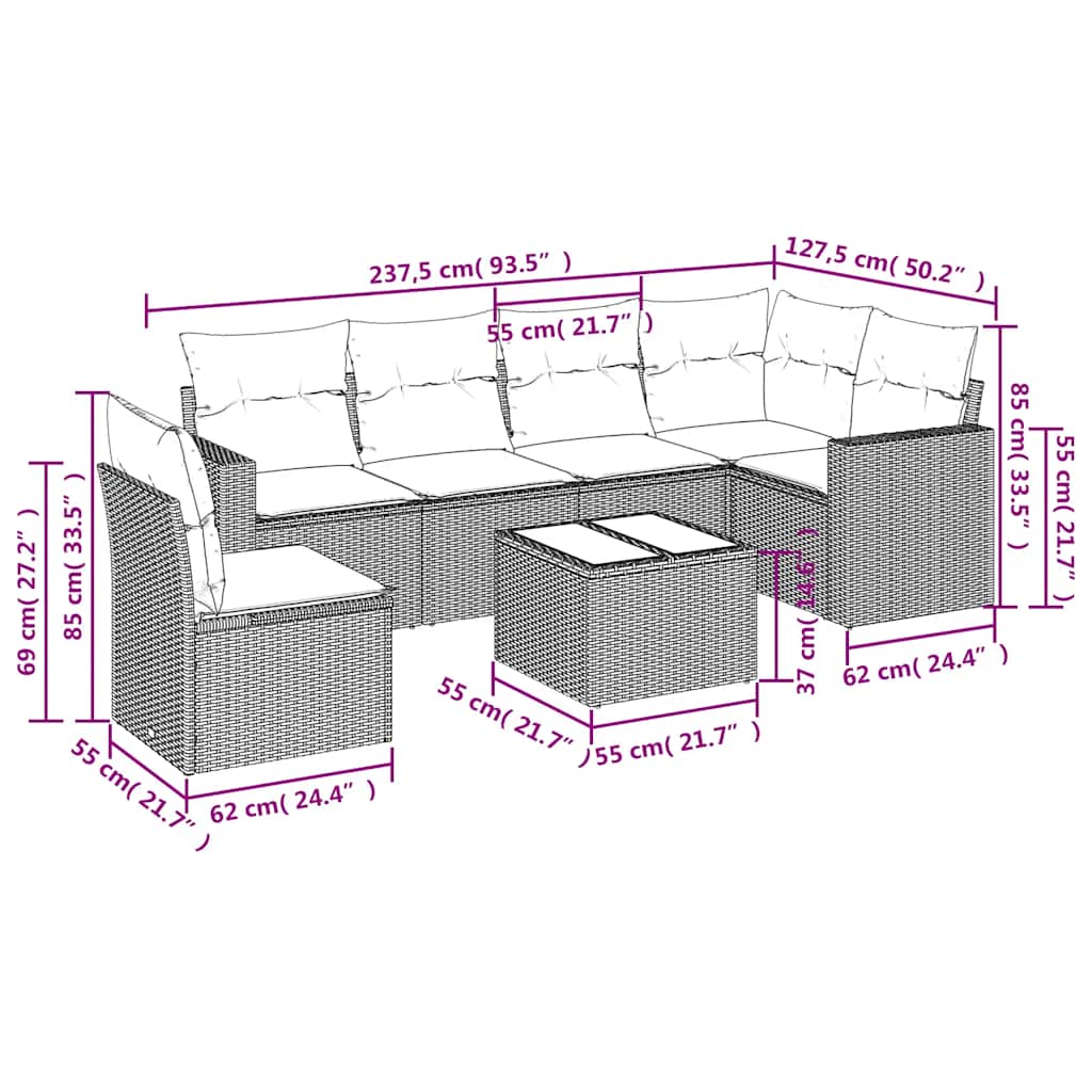 7-tlg. Garten-Sofagarnitur mit Kissen Schwarz Poly Rattan