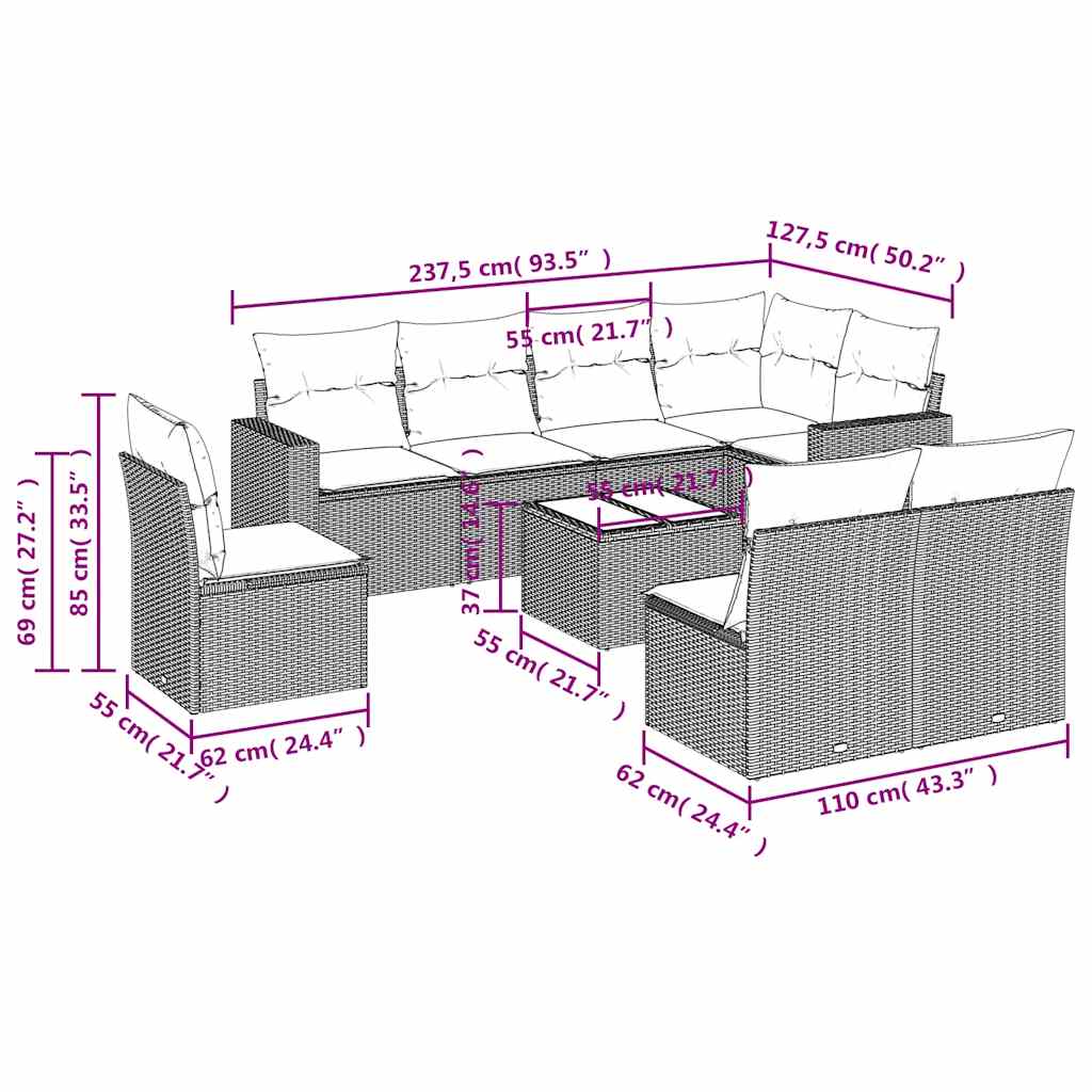 9-tlg. Garten-Sofagarnitur mit Kissen Schwarz Poly Rattan