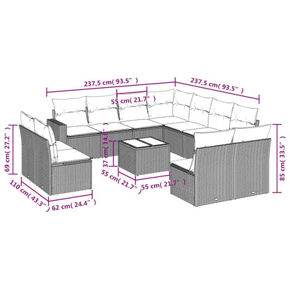 12-tlg. Garten-Sofagarnitur mit Kissen Schwarz Poly Rattan