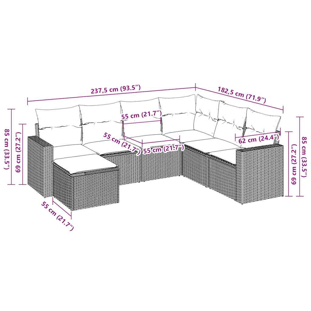 7-tlg. Garten-Sofagarnitur mit Kissen Braun Poly Rattan