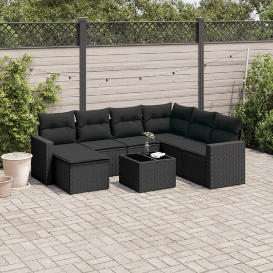 Ensemble de canapés de jardin 8 pièces avec coussins, en polyrotin noir