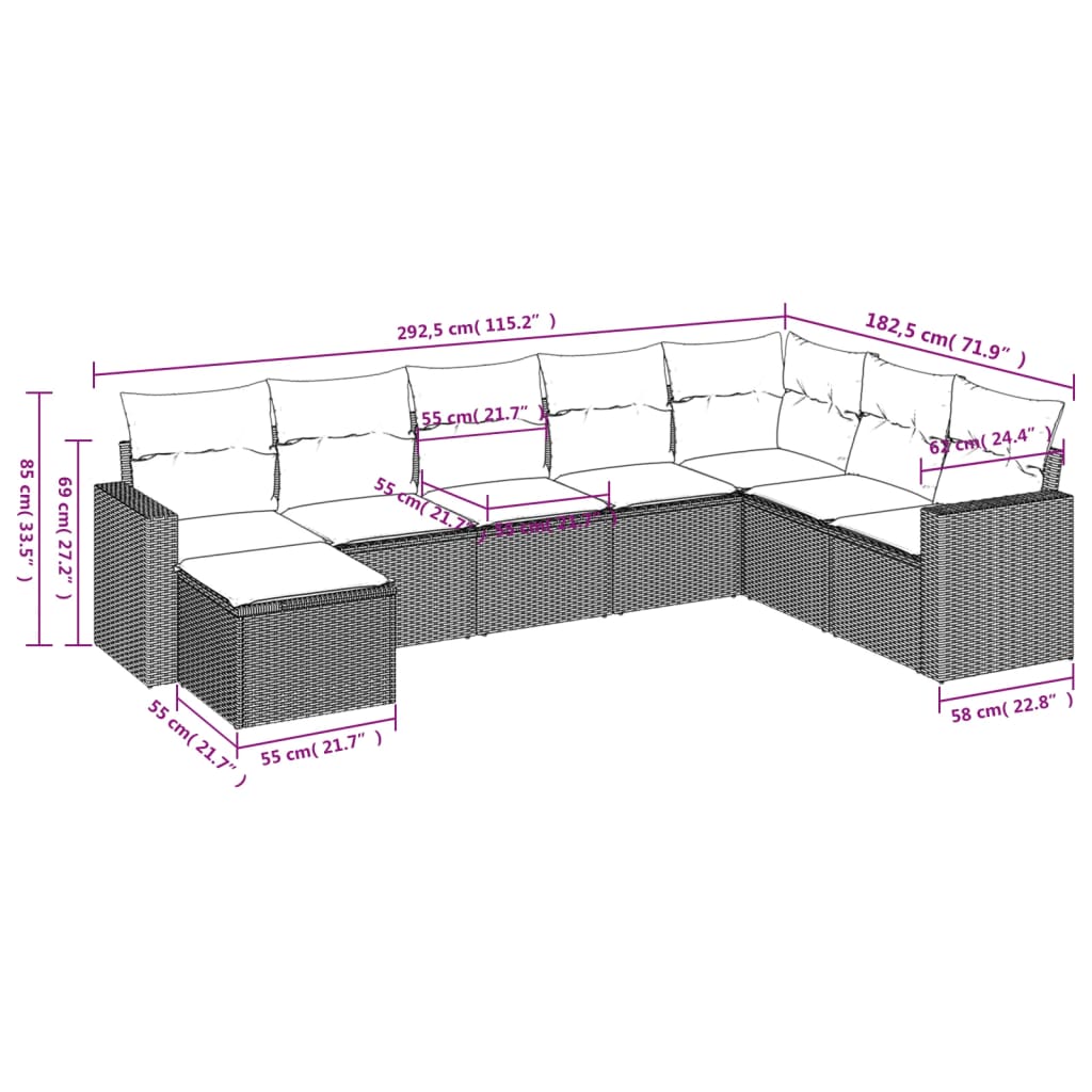 Ensemble de canapés de jardin 8 pièces avec coussins, en polyrotin noir