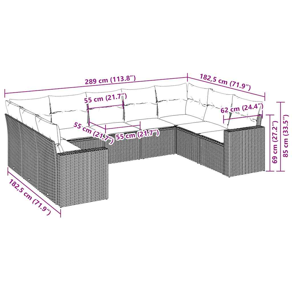 9-tlg. Garten-Sofagarnitur mit Kissen Hellgrau Poly Rattan