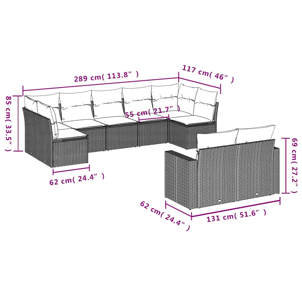 9-tlg. Garten-Sofagarnitur mit Kissen Schwarz Poly Rattan