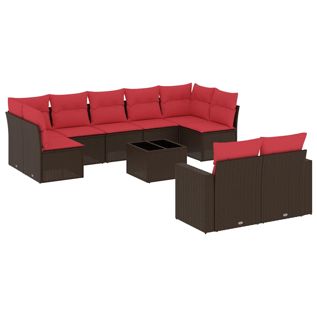 10-tlg. Garten-Sofagarnitur mit Kissen Braun Poly Rattan