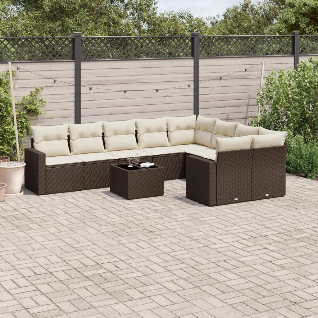 10-tlg. Garten-Sofagarnitur mit Kissen Braun Poly Rattan