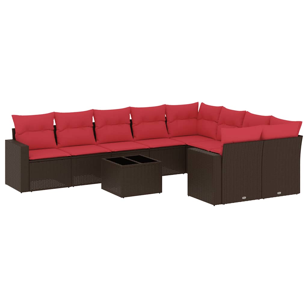 10-tlg. Garten-Sofagarnitur mit Kissen Braun Poly Rattan